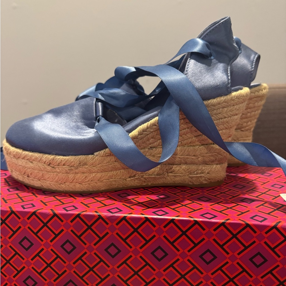 Tory burch blue wedge platform Elisa espadrille 6 women’s shoes tie ankle sayin